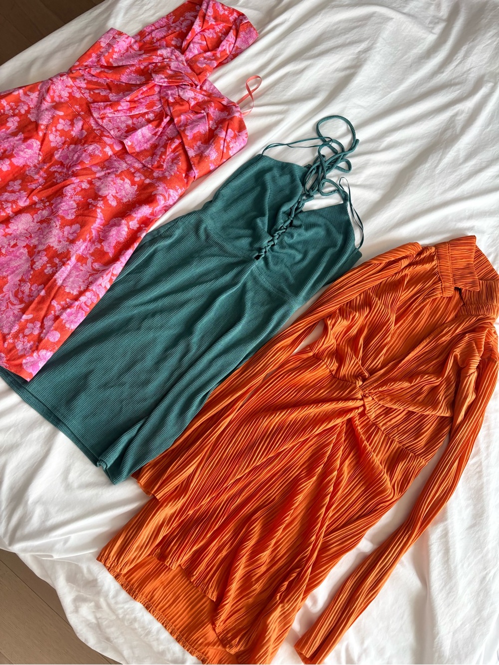 Missguided Pink Floral Mini Dress, Green Ribbed Slip, Orange Pleated Mini Dress